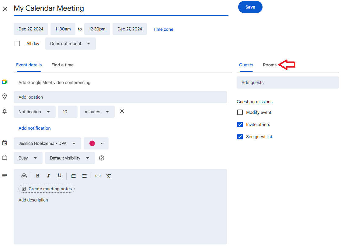 Graphic of google calendar invite with red arrow pointing at rooms tab