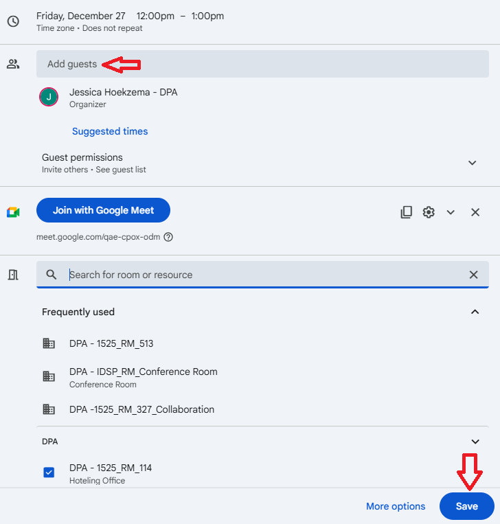 google calendar invite with red arrows indicating the save button and add guests option