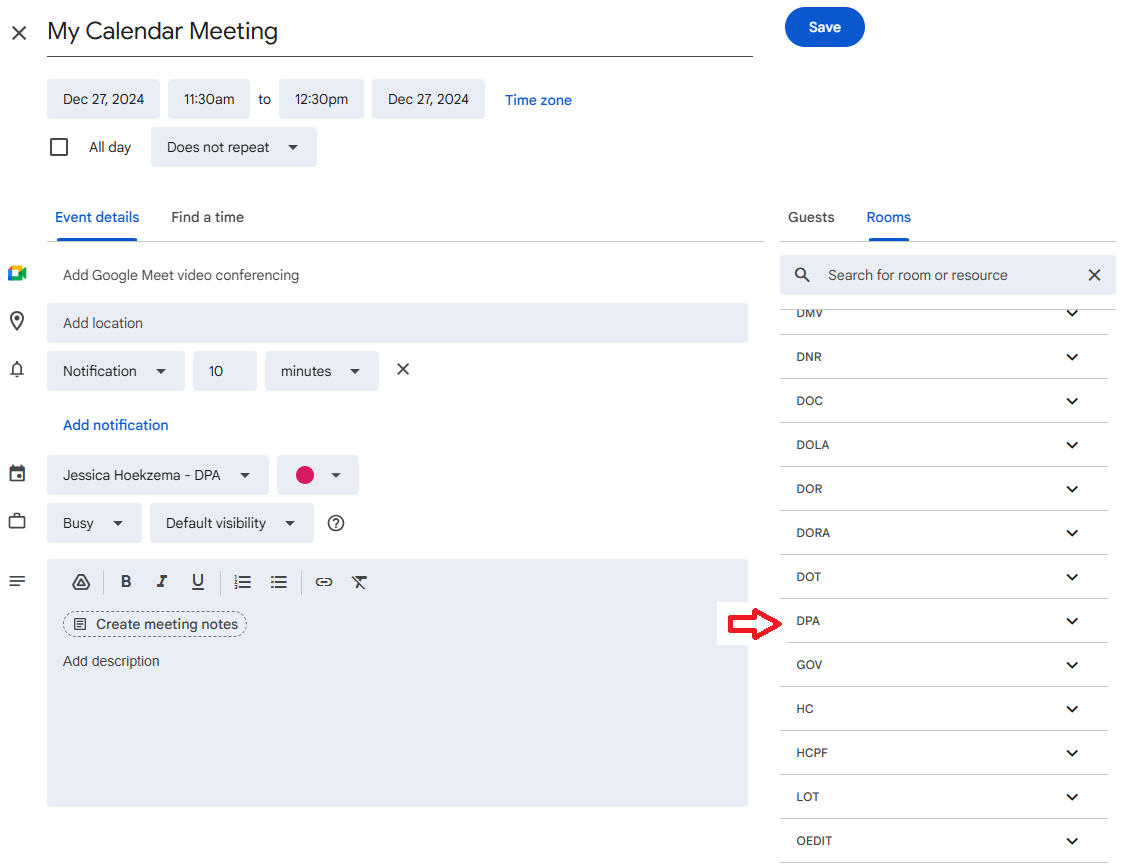 Google calendar invite with red arrow pointed at DPA in dropdown list