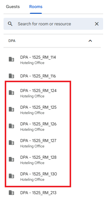 google calendar room select drop down with rooms indicated by a red line.