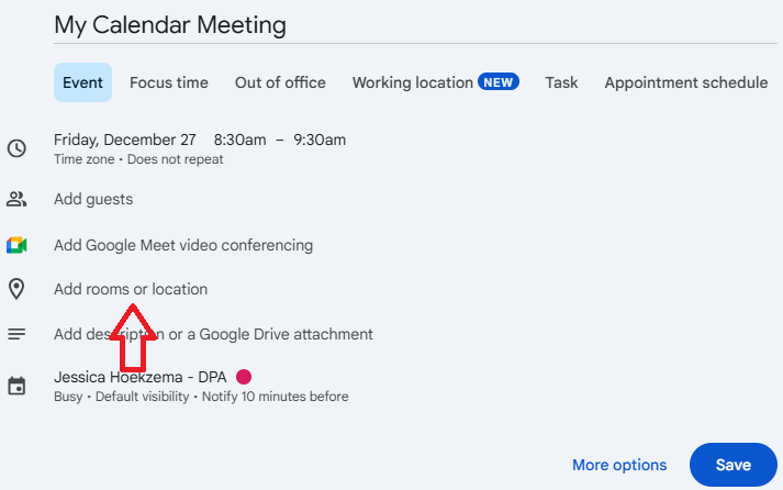 Google calendar invite with a red arrow indicating the add rooms or location option