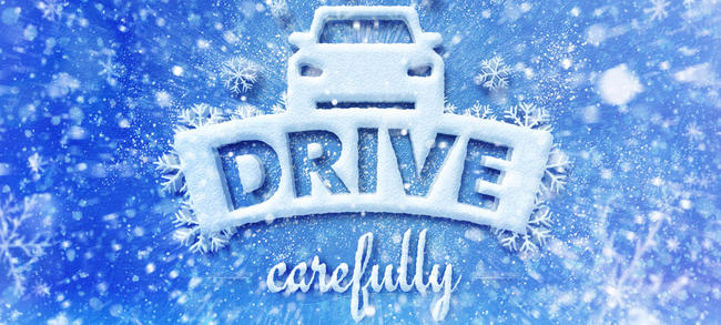 An image showing a snow graphic of car and Drive Carefully text.