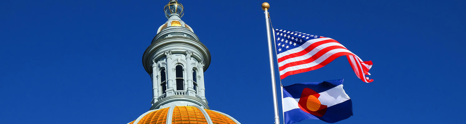 Colorado State Capitol Dome with flags blowings