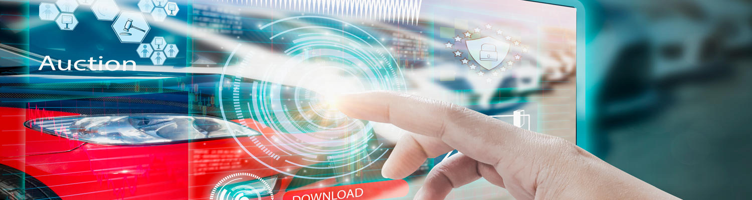 An illustration showing a vehicle and finger pushing a digital auction button.