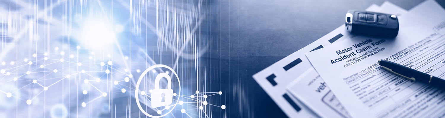 An illustration showing a graphic banner with accident paperwork, car key, and pen.