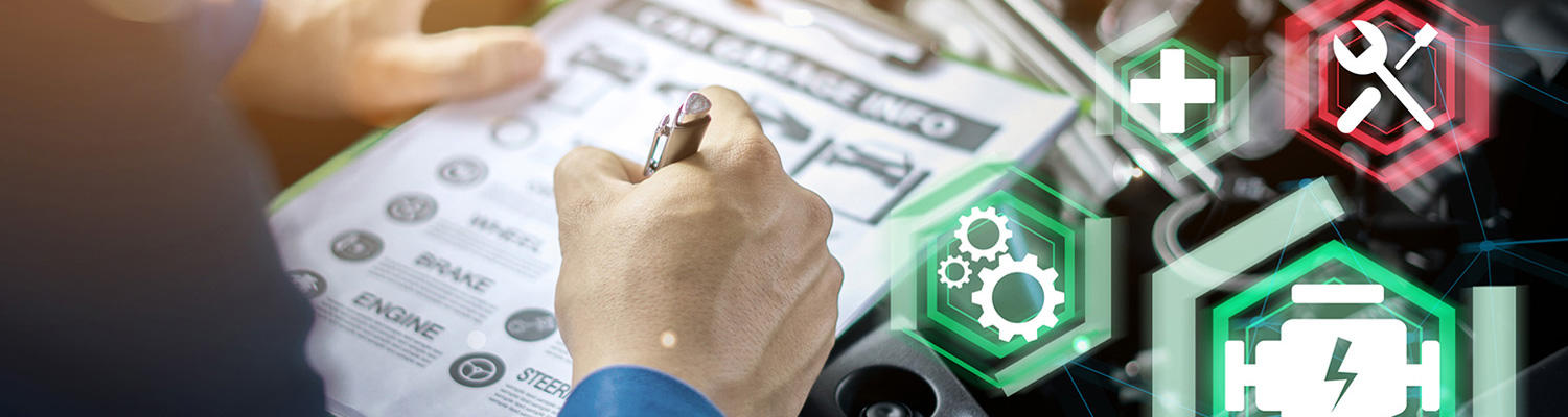 A photo collage of a mechanic reviewing a maintainc list with a few icons to the right representing gears in green, a plus sign in green, wrench/screwdriver in red, and a battery icon in green.