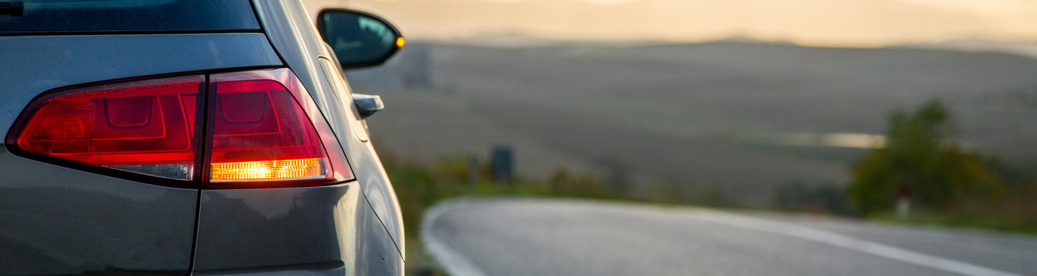 A photo showing an SUV backend showing right turn signal by side of rural road.