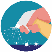 A circle image showing a spray bottle in action for disinfection topic.