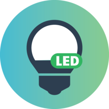 A graphic of a white lightbult on a gradient background of blue and green with the word LED over the lightbulb icon.