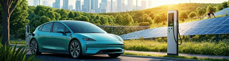 Sustainable Future for EVs with a landscape scene including trees, and a city in the background with an Electric Vehicle being charged in the foreground.