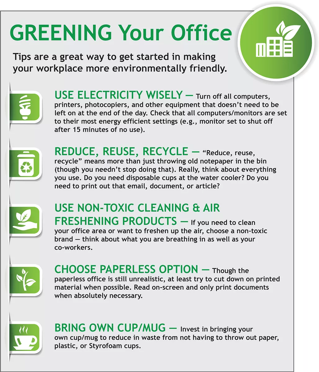 Infographic showing Greening Your Office tips including use electricity wisely, recycle, use non-toxic products, go paperless, bring own cup.