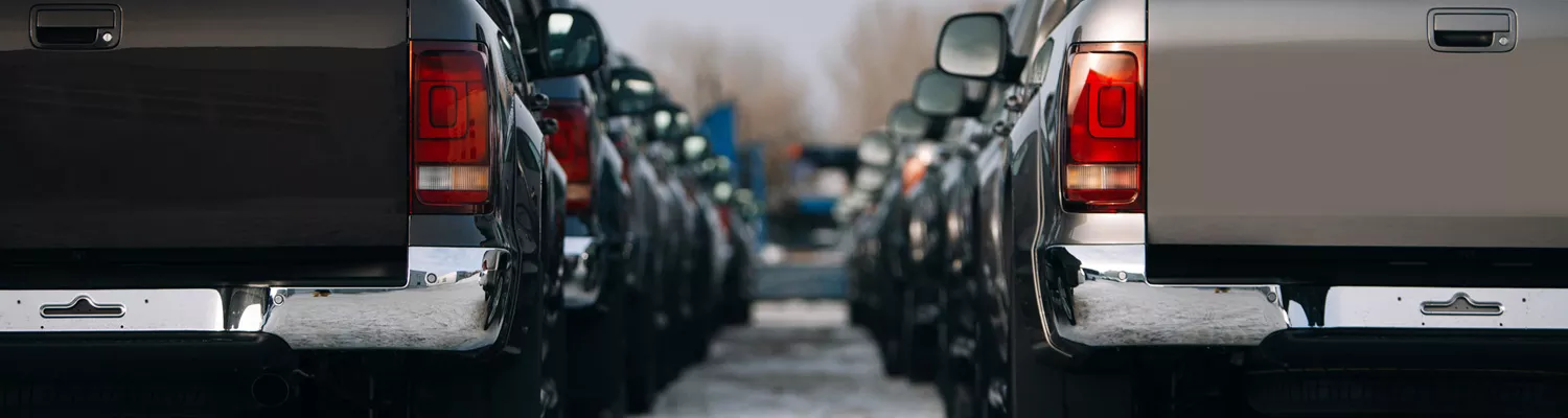 View of a row of pickup trucks from the back tailgate